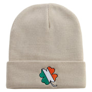 Irish Clover Embroidered 12 Inch Long Knitted Beanie - Birch OSFM