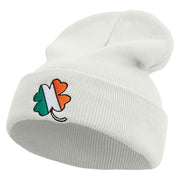 Irish Clover Embroidered 12 Inch Long Knitted Beanie - White OSFM