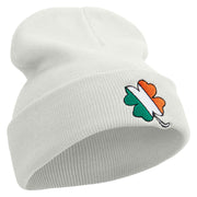 Irish Clover Embroidered 12 Inch Long Knitted Beanie - White OSFM