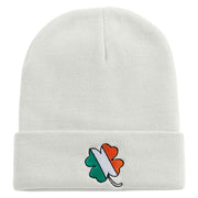 Irish Clover Embroidered 12 Inch Long Knitted Beanie - White OSFM