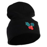 Christmas Holly Embroidered Iron on Patch  12 Inch Long Knitted Beanie - Black OSFM