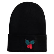 Christmas Holly Embroidered Iron on Patch  12 Inch Long Knitted Beanie - Black OSFM