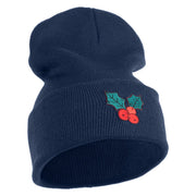 Christmas Holly Embroidered Iron on Patch  12 Inch Long Knitted Beanie - Navy OSFM