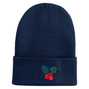 Christmas Holly Embroidered Iron on Patch  12 Inch Long Knitted Beanie - Navy OSFM