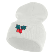 Christmas Holly Embroidered Iron on Patch  12 Inch Long Knitted Beanie - White OSFM