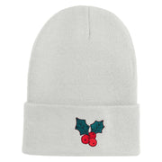 Christmas Holly Embroidered Iron on Patch  12 Inch Long Knitted Beanie - White OSFM