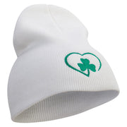 Made in USA Heart Shaped Clover Embroidered 8 Inch Solid Knit Short Beanie - White OSFM