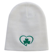 Made in USA Heart Shaped Clover Embroidered 8 Inch Solid Knit Short Beanie - White OSFM