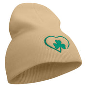 Made in USA Heart Shaped Clover Embroidered 8 Inch Solid Knit Short Beanie - Stone OSFM