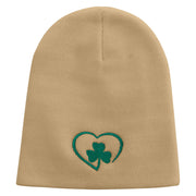 Made in USA Heart Shaped Clover Embroidered 8 Inch Solid Knit Short Beanie - Stone OSFM