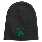 Made in USA Heart Shaped Clover Embroidered 8 Inch Solid Knit Short Beanie - Black OSFM