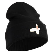 Bowling Pins Iron on Patched 12 Inch Long Knitted Beanie - Black OSFM