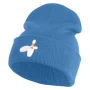 Bowling Pins Iron on Patched 12 Inch Long Knitted Beanie - Sky Blue OSFM