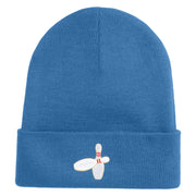 Bowling Pins Iron on Patched 12 Inch Long Knitted Beanie - Sky Blue OSFM