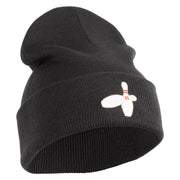 Bowling Pins Iron on Patched 12 Inch Long Knitted Beanie - Heather Charcoal OSFM
