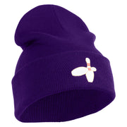 Bowling Pins Iron on Patched 12 Inch Long Knitted Beanie - Purple OSFM