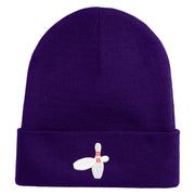 Bowling Pins Iron on Patched 12 Inch Long Knitted Beanie - Purple OSFM