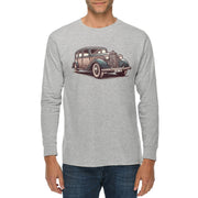 Classic Vintage Car Graphic Long Sleeve Crewneck Tee - Heather-Grey XS