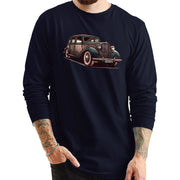 Classic Vintage Car Graphic Long Sleeve Crewneck Tee - Navy XS