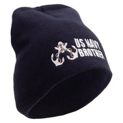 Made in USA Proud Brother Navy Veteran Embroidered 8 Inch Solid Knit Short Beanie - Black OSFM