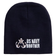 Made in USA Proud Brother Navy Veteran Embroidered 8 Inch Solid Knit Short Beanie - Black OSFM