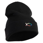 Rainbow Jesus Fish Christian iron on Patched 12 Inch Long Knitted Beanie - Black OSFM