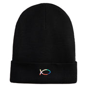 Rainbow Jesus Fish Christian iron on Patched 12 Inch Long Knitted Beanie - Black OSFM