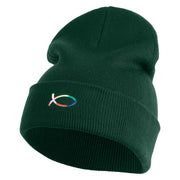 Rainbow Jesus Fish Christian iron on Patched 12 Inch Long Knitted Beanie - Dark Green OSFM
