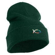 Rainbow Jesus Fish Christian iron on Patched 12 Inch Long Knitted Beanie - Dark Green OSFM