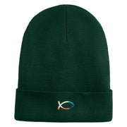 Rainbow Jesus Fish Christian iron on Patched 12 Inch Long Knitted Beanie - Dark Green OSFM