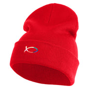 Rainbow Jesus Fish Christian iron on Patched 12 Inch Long Knitted Beanie - Red OSFM