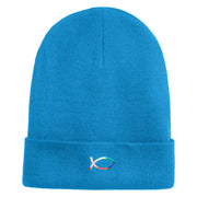 Rainbow Jesus Fish Christian iron on Patched 12 Inch Long Knitted Beanie - Aqua OSFM