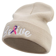 Cancer Awareness With Belive Embroidered 12 Inch Long Knitted Beanie