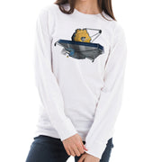 Space Satellite Ship Graphic Long Sleeve Crewneck Tee - White XS