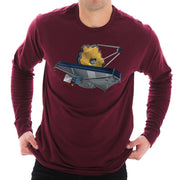 Space Satellite Ship Graphic Long Sleeve Crewneck Tee - Burgundy XS