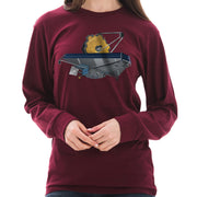 Space Satellite Ship Graphic Long Sleeve Crewneck Tee - Burgundy XS