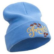 Artistic Style Thanksgiving with Leaves Embroidered 12 Inch Long Knitted Beanie - Sky-Blue OSFM