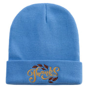 Artistic Style Thanksgiving with Leaves Embroidered 12 Inch Long Knitted Beanie - Sky-Blue OSFM