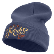 Artistic Style Thanksgiving with Leaves Embroidered 12 Inch Long Knitted Beanie - Navy OSFM