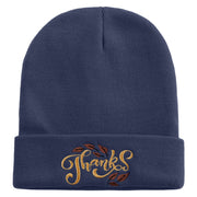 Artistic Style Thanksgiving with Leaves Embroidered 12 Inch Long Knitted Beanie - Navy OSFM