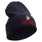 The Few The Proud US Marine Logo Embroidered 12 Inch Solid Knit Cuff Long Beanie Made in USA - Navy OSFM