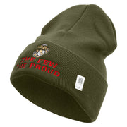 The Few The Proud US Marine Logo Embroidered 12 Inch Solid Knit Cuff Long Beanie Made in USA - Olive OSFM