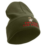 The Few The Proud US Marine Logo Embroidered 12 Inch Solid Knit Cuff Long Beanie Made in USA - Olive OSFM