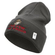 The Few The Proud US Marine Logo Embroidered 12 Inch Solid Knit Cuff Long Beanie Made in USA - Charcoal OSFM