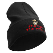 The Few The Proud US Marine Logo Embroidered 12 Inch Solid Knit Cuff Long Beanie Made in USA - Black OSFM
