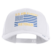 US Air Force Retired with Flag Embroidered Retro Cotton Blend Snapback Cap - White OSFM