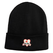 Iridescent "No.1 Mom" Heart Iron on Patched 12 Inch Long Knitted Beanie - Black OSFM