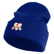 Iridescent "No.1 Mom" Heart Iron on Patched 12 Inch Long Knitted Beanie - Royal OSFM