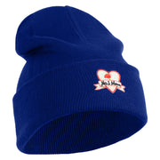 Iridescent "No.1 Mom" Heart Iron on Patched 12 Inch Long Knitted Beanie - Royal OSFM