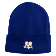 Iridescent "No.1 Mom" Heart Iron on Patched 12 Inch Long Knitted Beanie - Royal OSFM